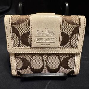 Coach Signature Brown and Cream Compact Wallet